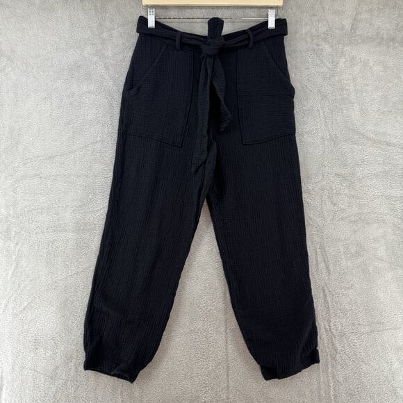 Magaschoni Pants - Magaschino Pants M Black Textured Organic Cotton Pockets Elastic Hem Cropped Tie